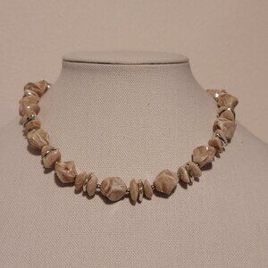 Beige Marble-Style Bead Necklace with Silver Accents